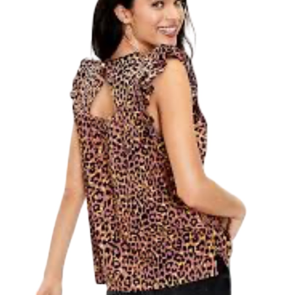 LOFT Leopard Print Cutout Back Ruffle Shell - Picture 3 of 8